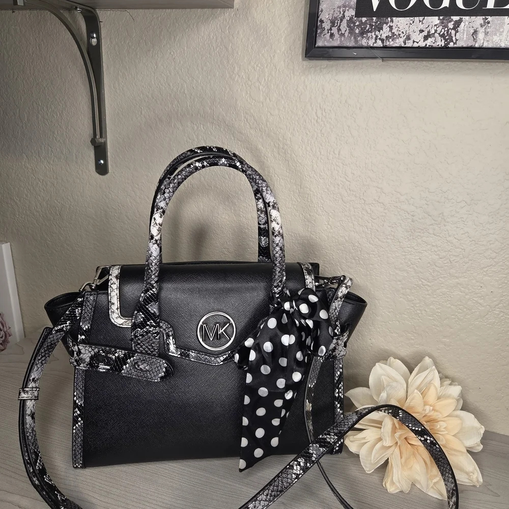 Michael kors Black Satchel with Black and white snake trim. NWOT.